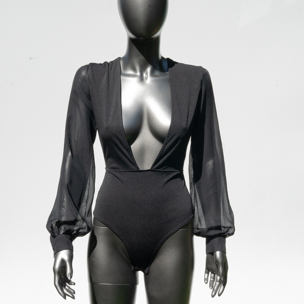 Deep V-Neck Black Sheer Sleeve Bodysuit - Women Tops